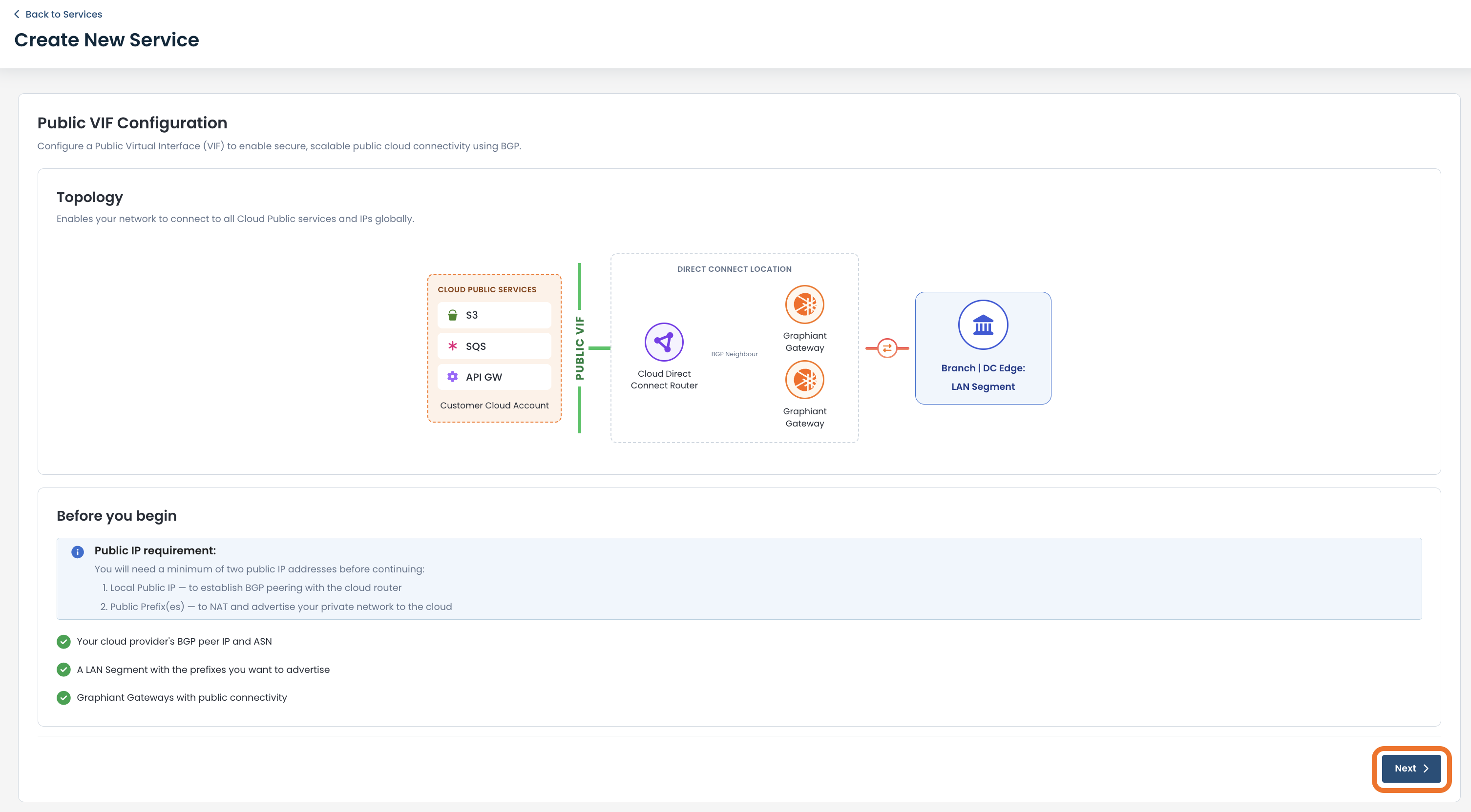 Public VIF configuration for secure cloud connectivity with BGP and service details.